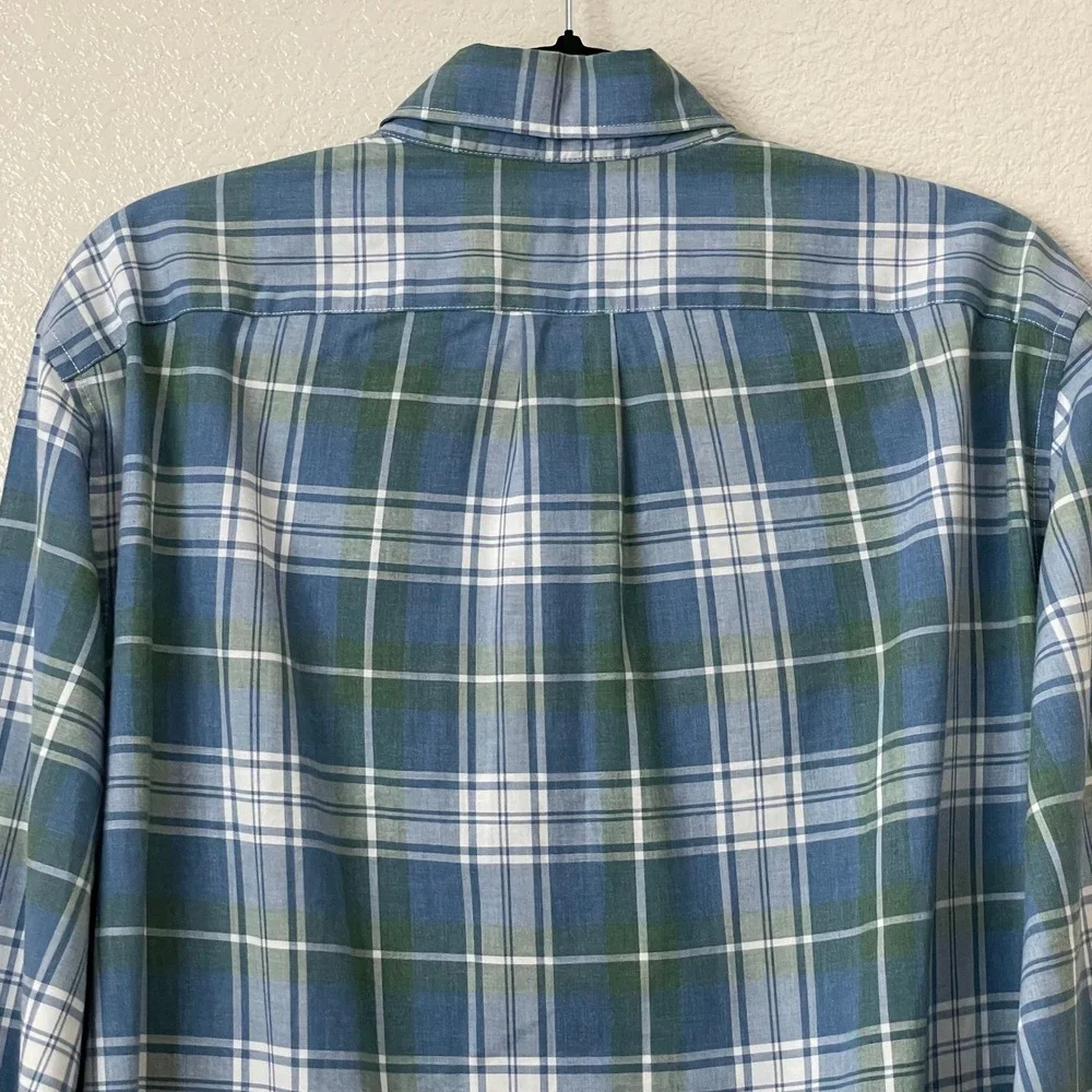 J. Crew Shirt Mens Medium Blue Green Slim Fit Secret‎ Wash Organic Cotton Plaid
